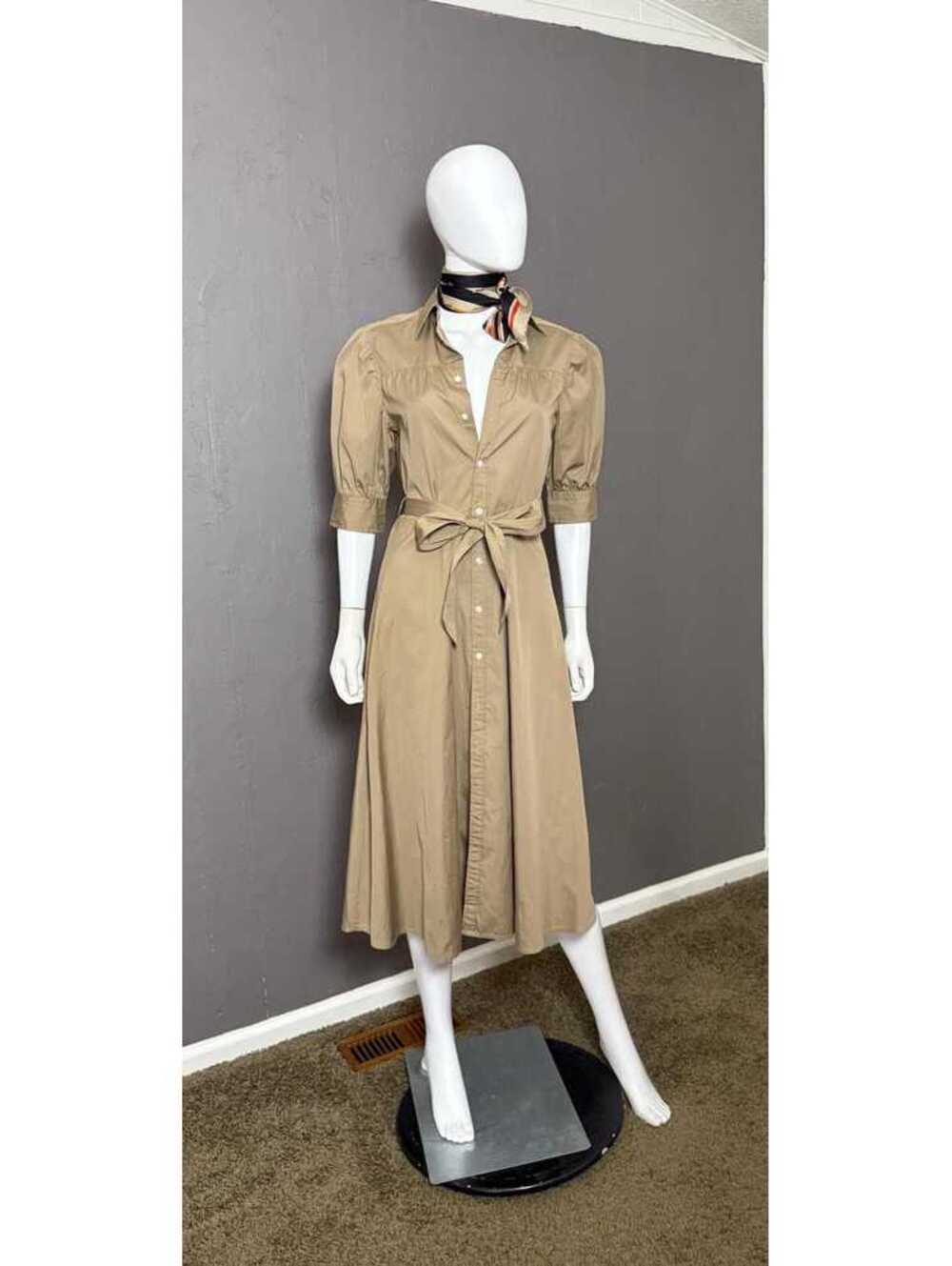 2000's Ralph Lauren Midi-Shirtdress Tan Puffed Half Sleeves Tie Belt Small/4